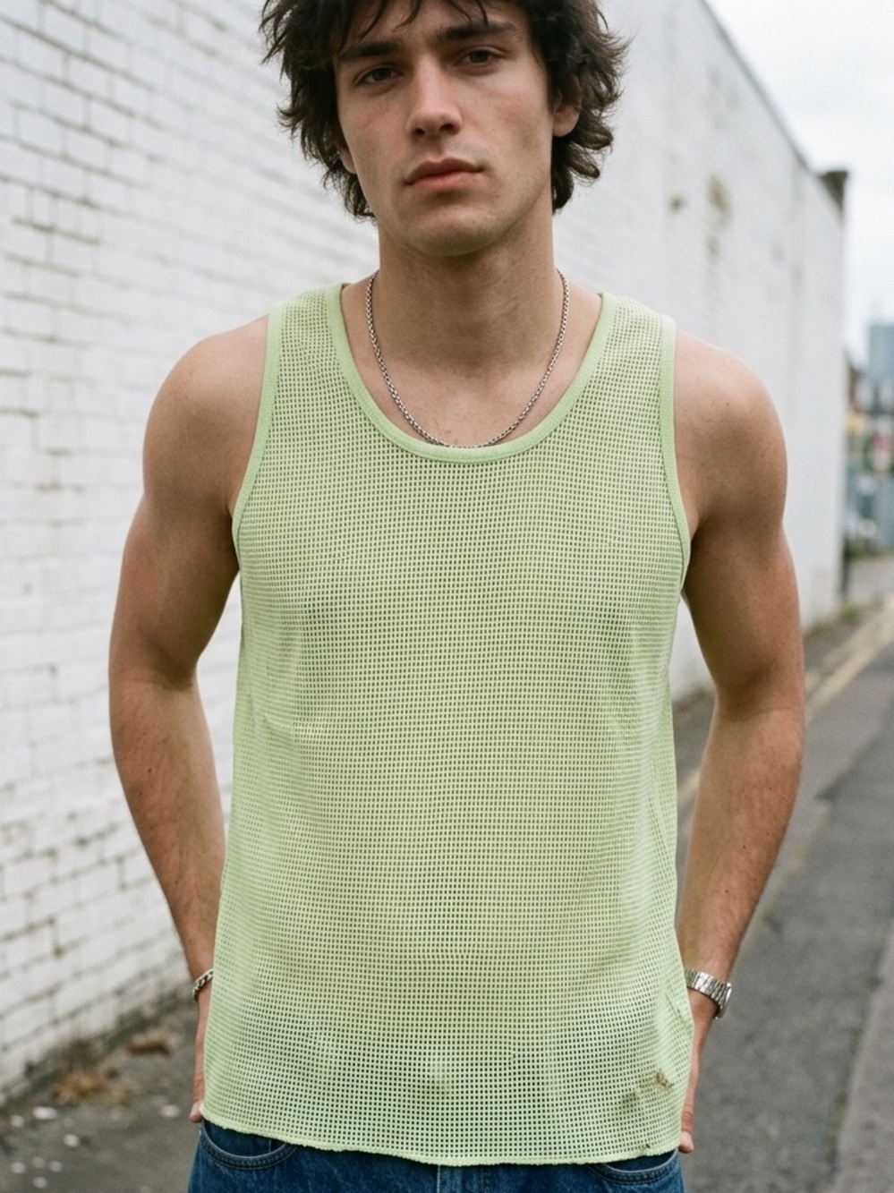 Vintage Neon Green Mesh Tank Top XL USA Made Islander Y2K Rave Festival Clubwear